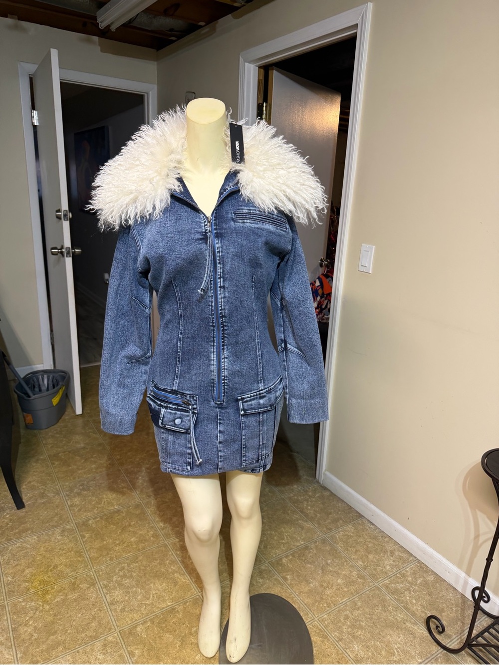 Fashion Nova Blue Denim Jacket with White Faux Fur Collar